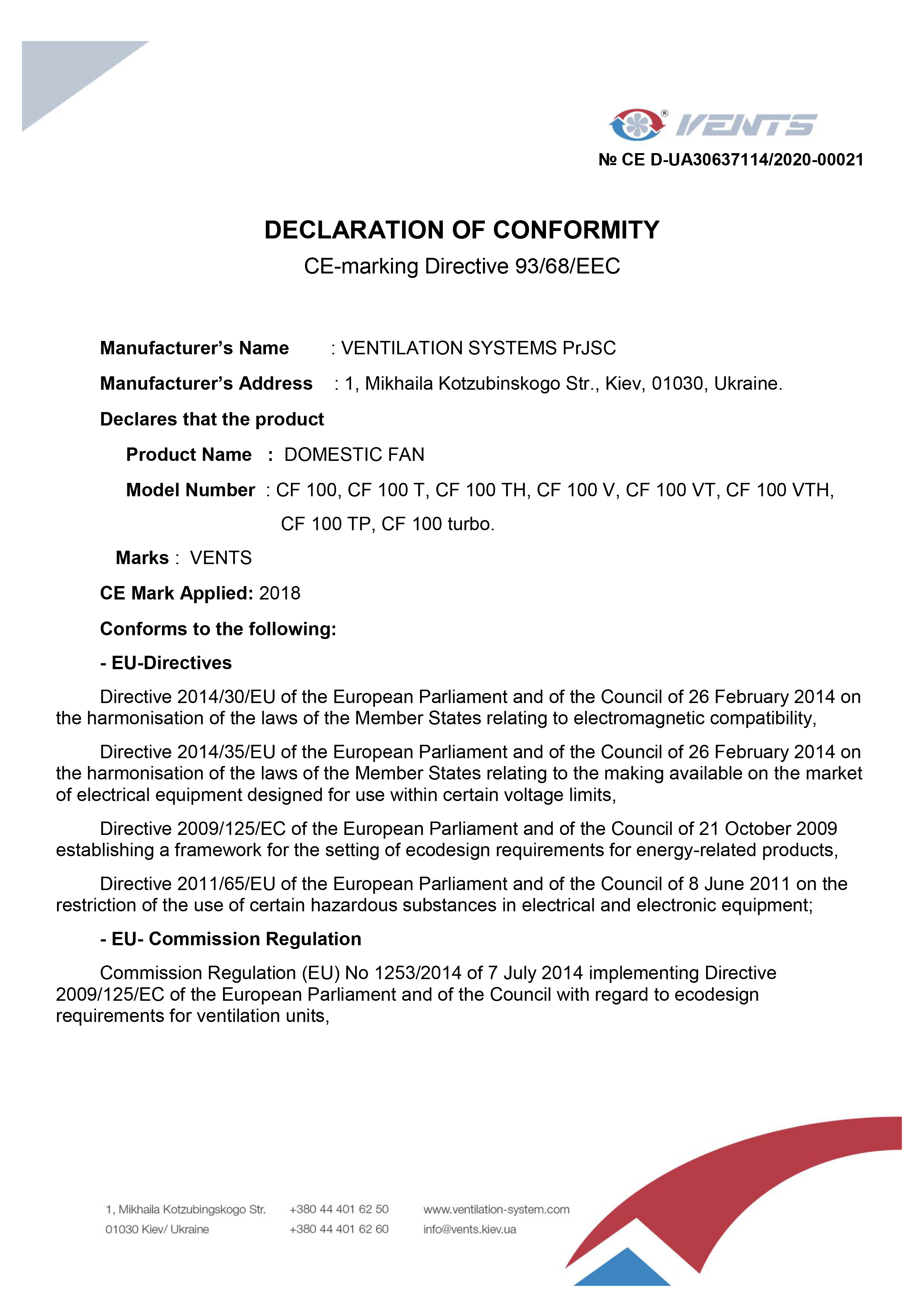 DECLARATION of CONFORMITY "CF / CF TURBO"